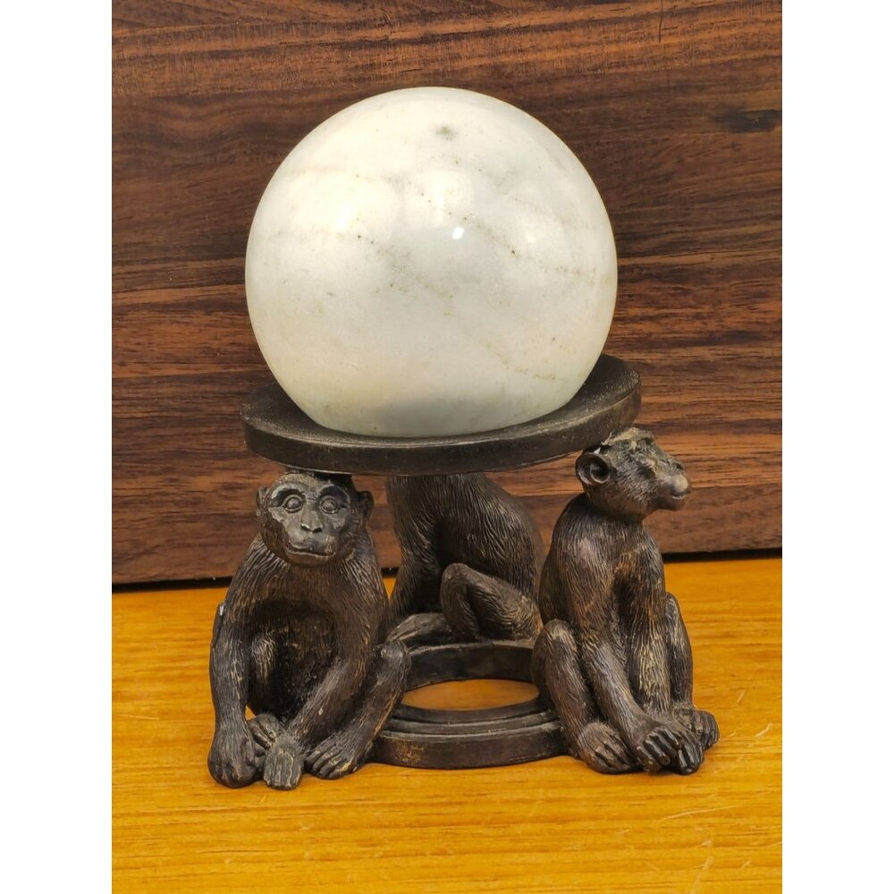Vintage Brass Monkey Figurine Stand With White Marble Sphere Decorative Collecti
